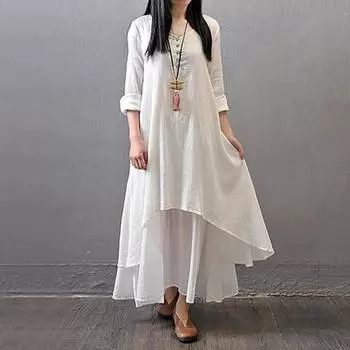 Женское макси-платье с карманами, рукавами девятой длины, круглым вырезом, неровным многослойным подолом, пляжное платье больших размеров, свободное однотонное платье для свиданий, повседневная одежда M темно-синий