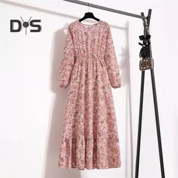 Женское макси-платье с круглым вырезом и длинным рукавом, эластичное платье с высокой талией, свободный подол, с цветочным принтом, трапециевидное платье, уличная одежда L розовый