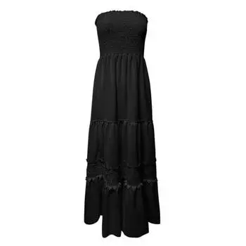 Женское макси-платье с открытыми плечами, летнее платье-трапеция с кружевной отделкой, бохо, без бретелек, струящийся пляжный сарафан S чёрный