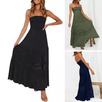 Женское макси-платье с открытыми плечами, летнее платье-трапеция с кружевной отделкой, бохо, без бретелек, струящийся пляжный сарафан S армия зеленый