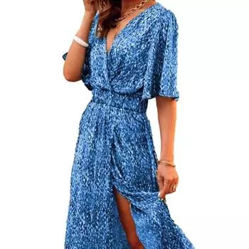 Женское макси-платье с v-образным вырезом и половиной рукавов, пояс со средней посадкой и разрезом, струящийся подол, цветочный принт, пляжное длинное платье в стиле ретро в стиле ретро