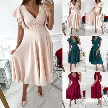 Женское макси-платье с V-образным вырезом и длинными рукавами, вечерние платья с оборками