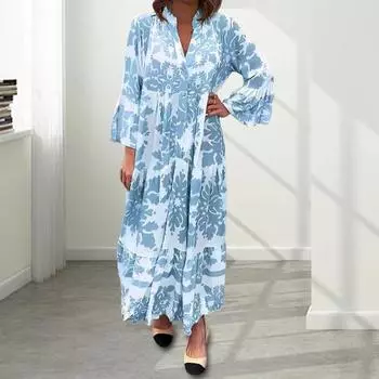 Женское макси-платье с V-образным вырезом, цветочным принтом, плиссировкой, оборками в стиле пэчворк, заниженной талией, рукавами-рогами, однобортное, для повседневных поездок на работу M хаки