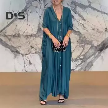 Женское макси-платье с V-образным вырезом, застежкой на пуговицы, рукавами «летучая мышь», платье-рубашка, однотонное свободное атласное повседневное платье M зелёный