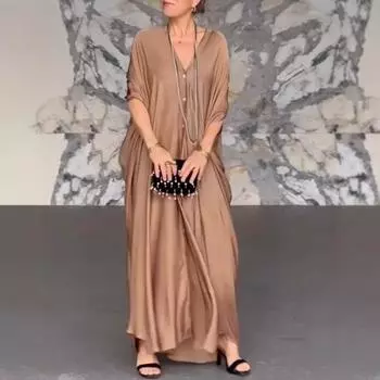 Женское макси-платье с V-образным вырезом, застегивающимся на пуговицы, рукавами «летучая мышь», платье-рубашка, однотонное, свободное M вино красного