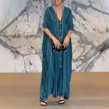 Женское макси-платье с V-образным вырезом, застежкой на пуговицы, рукавами «летучая мышь», платье-рубашка, однотонное свободное атласное повседневное платье M хаки
