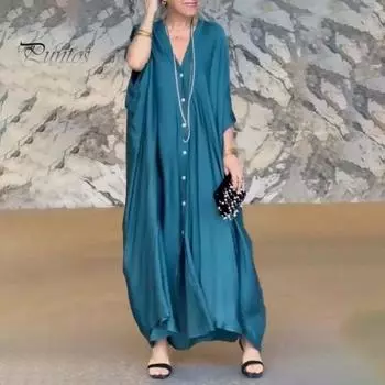 Женское макси-платье с V-образным вырезом, застежкой на пуговицы, рукавами «летучая мышь», платье-рубашка, однотонное свободное атласное повседневное платье M хаки