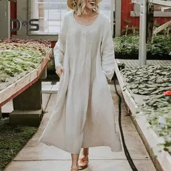 Женское макси-платье, свободное, однотонное, с круглым вырезом, длинными рукавами, карманами, А-силуэтом, большим подолом, мягкое, дышащее, плиссированное, женское повседневное платье M абрикосовый