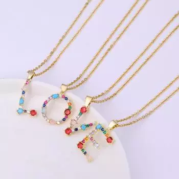 «Женское медное ожерелье из 26 букв с цветным цирконом, агатом и цепочкой из нержавеющей стали»