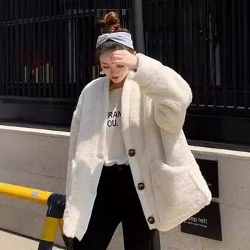 Женское меховое пальто с V-образным вырезом, осенне-зимнее, из овечьей шерсти, с верхней частью, прошитой планкой с пуговицами, шерстяное пальто средней и длинной длины S