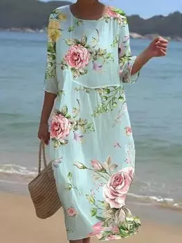 Женское миди-платье с цветочным принтом, рукавами средней длины, летнее платье для пляжного отдыха, повседневное бохо макси-платье S