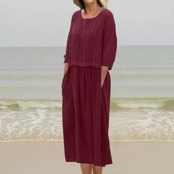 Женское миди-платье с длинным рукавом, хлопок-лен, свободного кроя, повседневное, летящее, с карманами L розовый