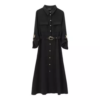 Женское миди-платье в европейском и американском стиле на осень 2024 года с поясом и отложным воротником и длинным рукавом XS чёрный