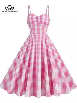 Женское милое модное винтажное розовое клетчатое длинное платье на шнурке с одной линией шеи и высокой талией, женское модное платье S