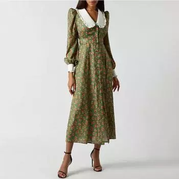 Женское милое платье с V-образным вырезом, длинным рукавом и высокой талией, длинное платье с цветочным принтом, халат S чёрный