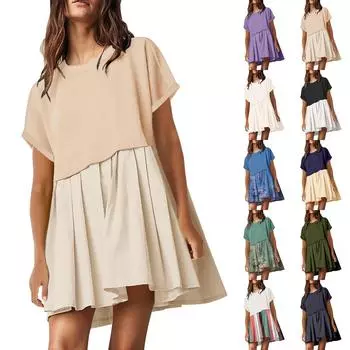 Женское милое плиссированное платье в стиле пэчворк, повседневные топы с короткими рукавами, свободное летнее платье большого размера L