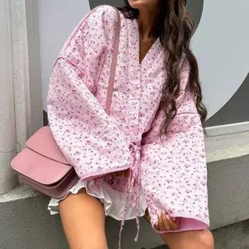 Женское милое повседневное хлопковое пальто с V-образным вырезом на шнуровке с цветочным принтом и длинными рукавами, куртка осень-зима, свободная теплая верхняя одежда M розовый