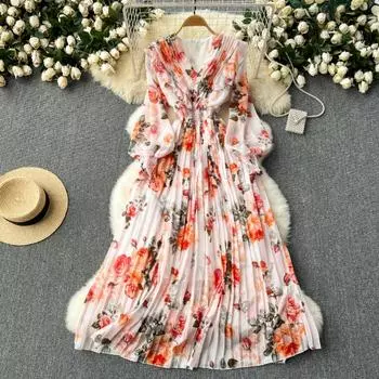 Женское милое шифоновое платье с v-образным вырезом и рукавом-фонариком, винтажный принт во французском стиле, облегающее шифоновое платье, плиссированное большое распашное платье One Size абрикосовый