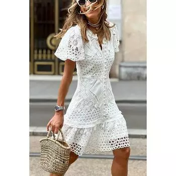 Женское милое вязанное крючком кружевное платье с пышными рукавами и пуговицами, кружевное вечернее платье с v-образным вырезом, белое элегантное пляжное мини-платье S белый