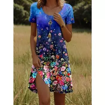 Женское мини-платье А-силуэта Элегантное Винтажное Стильное Повседневное Обычной посадки С цветочным графическим принтом Короткий рукав S