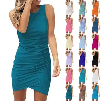 Женское мини-платье, элегантное однотонное платье без рукавов с круглым вырезом, пуловер с тонкой талией и рюшами, летние платья-карандаш XXL циан