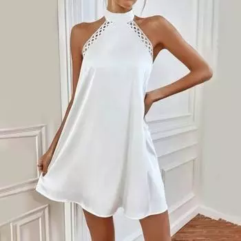 Женское мини-платье без рукавов с лямкой на шее, с открытыми плечами, свободный подол, с открытой спиной, кружевное шитье, одноцветное элегантное платье, уличная одежда M белый