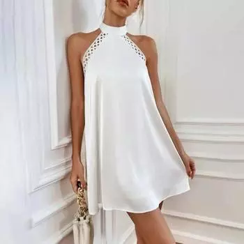 Женское мини-платье без рукавов с лямкой на шее, с открытыми плечами, свободный подол, с открытой спиной, кружевное шитье, одноцветное элегантное платье, уличная одежда M белый