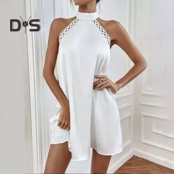 Женское мини-платье без рукавов с лямкой на шее, с открытыми плечами, свободный подол, с открытой спиной, кружевное шитье, одноцветное элегантное платье, уличная одежда M белый