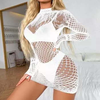 Женское мини-платье бодикон с длинным рукавом, с воротником-стойкой, с вырезами, из прозрачной сетки, прикрывающее тело, с открытой спиной, эротическая одежда