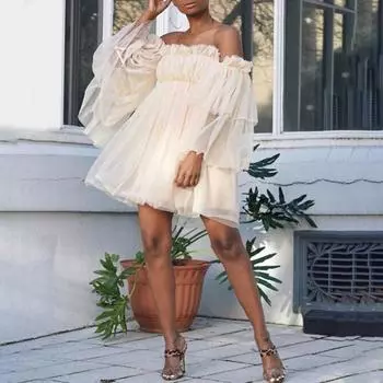 Женское шифоновое свободное платье с открытыми плечами M светло-синий