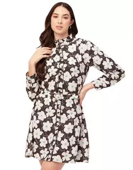 Женское мини-платье из хлопка с принтом Moomaya, воротником с рюшами и рукавами с манжетами L чёрный