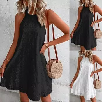 Женское мини-платье, летнее повседневное платье без рукавов с круглым вырезом, женское модное свободное платье на бретельках для отдыха и пляжной вечеринки S чёрный