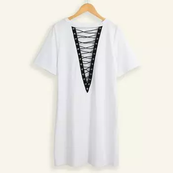 Женское мини-платье на шнуровке с глубоким вырезом и V-образным вырезом с короткими рукавами, длинная футболка, повседневное платье больших размеров XXL белый