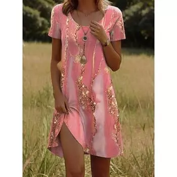 Женское мини-платье, повседневное платье для отпуска, повседневное, стандартный крой, омбре, абстрактный мрамор, короткий рукав, круглый вырез, желтый, розовый S