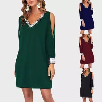 Женское мини-платье с блестками и открытыми плечами, сексуальное вечернее коктейльное платье-футболка