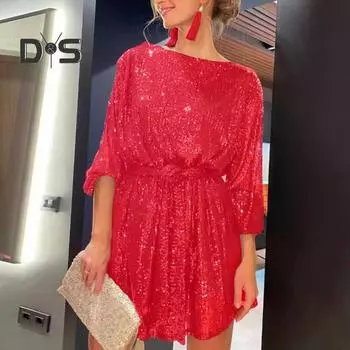 Женское мини-платье с блестками, сплошной цвет с талией, длинным рукавом и круглым вырезом, свободное повседневное короткое платье, праздничная вечеринка L фиолетовый