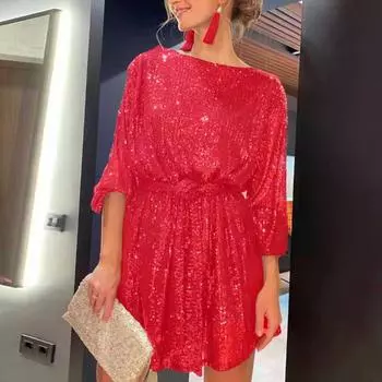 Женское мини-платье с блестками, сплошной цвет с талией, длинным рукавом и круглым вырезом, свободное повседневное короткое платье, праздничная вечеринка L фиолетовый