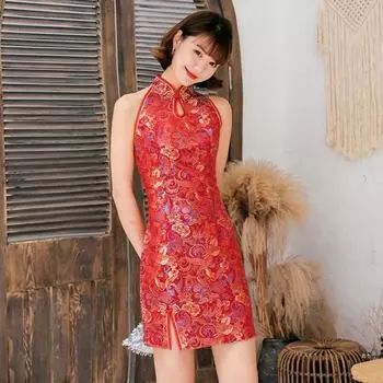 Женское мини-платье с боковым разрезом, косплей с открытыми плечами, стильная потайная молния, современная женская одежда Cheongsam 2XL