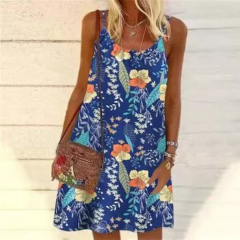 Женское мини-платье с черным принтом в виде растений, без рукавов, летнее пляжное платье, сарафан XS чёрный