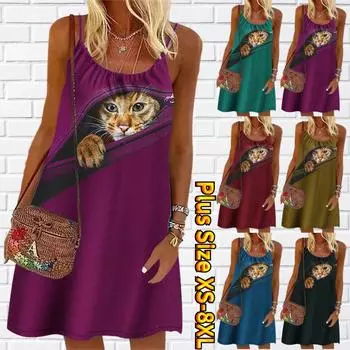 Женское мини-платье с цветочным карманом и принтом кошки, праздничное платье без рукавов, летнее пляжное платье, сарафан XS зелёный
