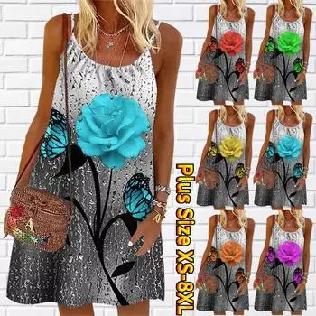 Женское мини-платье с цветочным принтом «Одинокий букет роз» без рукавов, летнее пляжное платье, сарафан XS красный