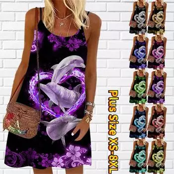 Женское мини-платье с цветочным принтом дельфина и любви, праздничное платье без рукавов, летнее пляжное платье, сарафан XS чёрный