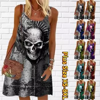 Женское мини-платье с цветочным принтом и страшным призраком, вечернее платье без рукавов, летнее пляжное платье, сарафан 7XL чёрный