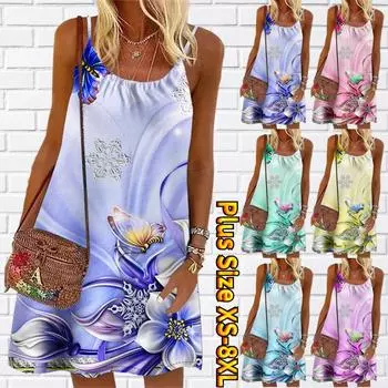 Женское мини-платье с цветочным принтом и бабочками на цветах, праздничное платье без рукавов, летнее пляжное платье, сарафан XS синий