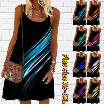 Женское мини-платье с цветочным принтом и световыми лучами без рукавов, летнее пляжное платье, сарафан XS синий