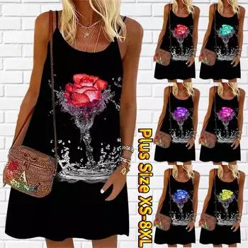 Женское мини-платье с цветочным принтом и розами, вечернее платье без рукавов, летнее пляжное платье, сарафан XS красный