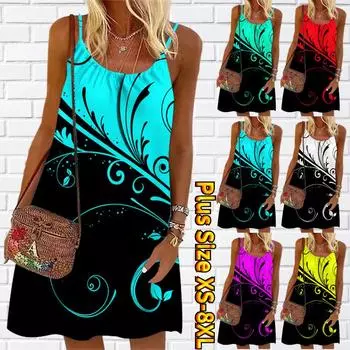 Женское мини-платье с цветочным принтом и травой, праздничное платье без рукавов, летнее пляжное платье, сарафан XS зелёный