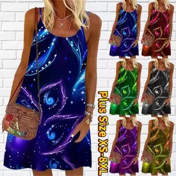 Женское мини-платье с цветочным принтом и ярким цветочным принтом, вечернее платье без рукавов, летнее пляжное платье, сарафан XS синий