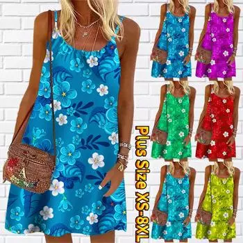 Женское мини-платье с цветочным принтом и цветами, разбросанными по небу, вечернее платье без рукавов, летнее пляжное платье, сарафан XS синий