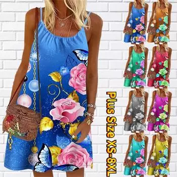 Женское мини-платье с цветочным принтом и тремя красивыми розами, вечернее платье без рукавов, летнее пляжное платье, сарафан XS синий